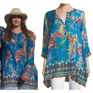 Johnny Was Blue Floral Silk Blend Tunic Top Medium V Neck Button Front Shirt